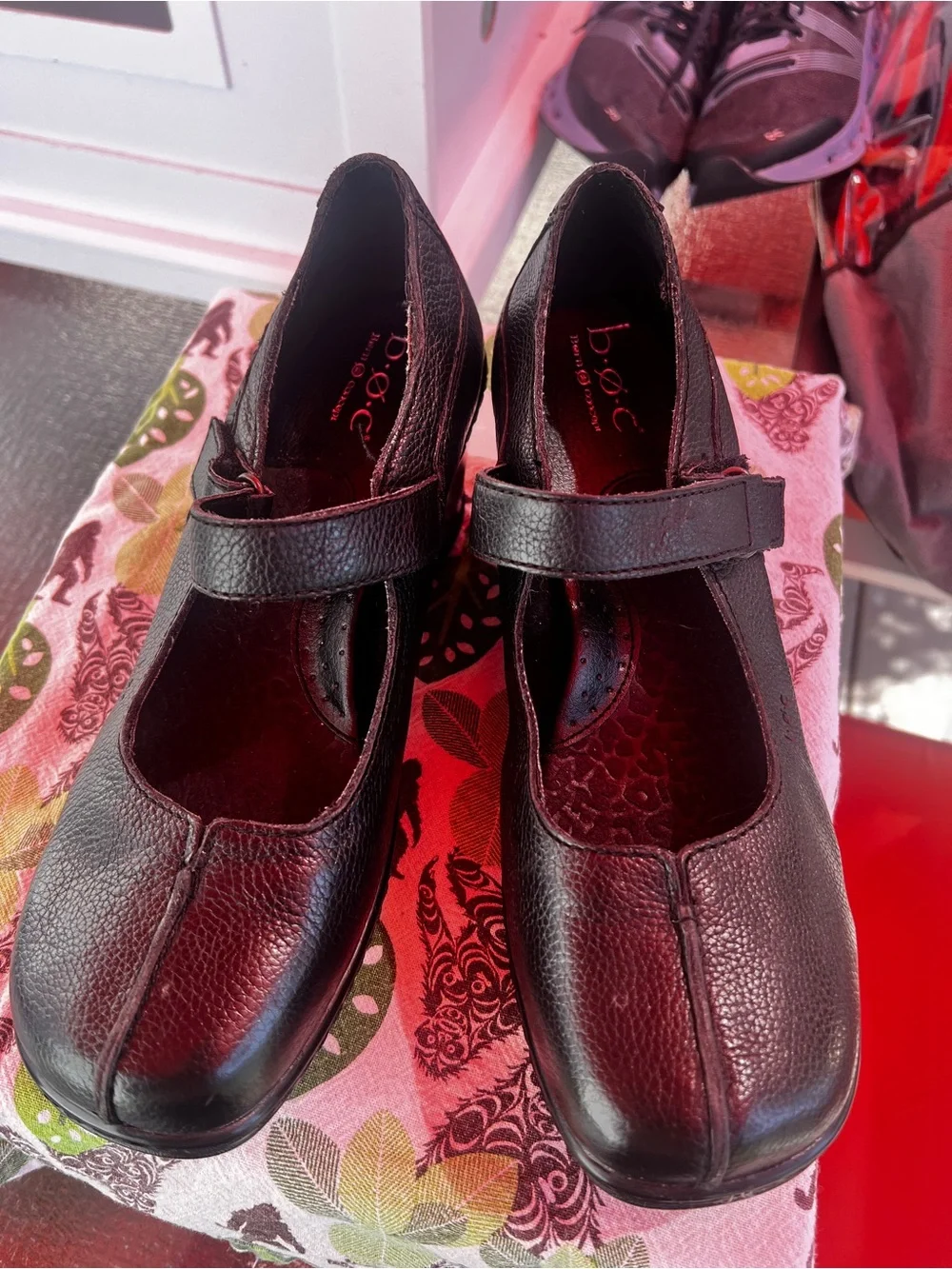 b.o.c. Black Leather Mary Jane Flats with Strap